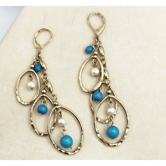 Gold Toon Multi Hoop Earrings With Dangle Turquoise Colored & Faux Pearl Dangle - Picture 2 of 2